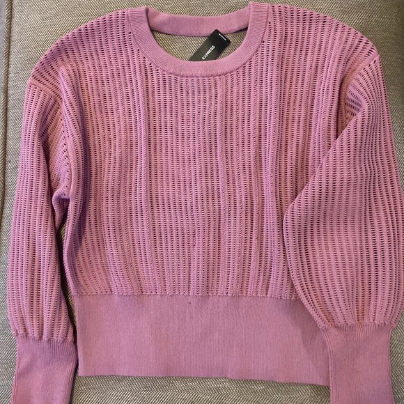 Express Crewneck Pointelle Sweater Back Cut-Out Balloon Sleeve Mauve Pink Medium - Picture 1 of 7